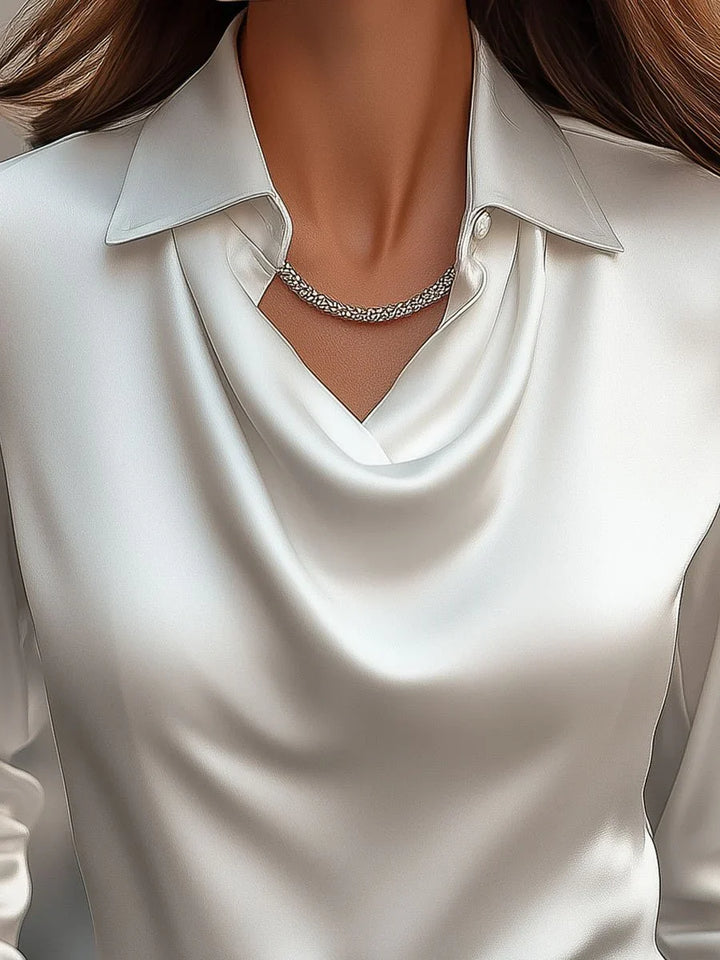 Nuvana™ | Elegant White Satin Blouse With Draped Neckline