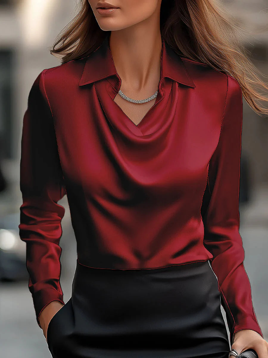 Nuvana™ | Elegant White Satin Blouse With Draped Neckline