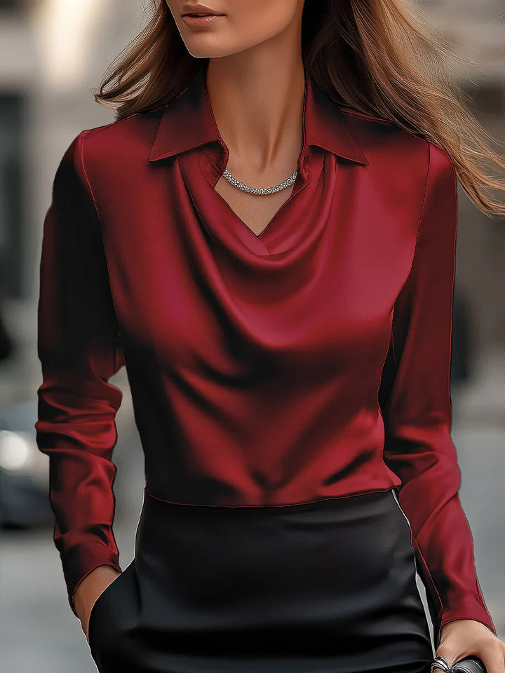Nuvana™ | Elegant White Satin Blouse With Draped Neckline