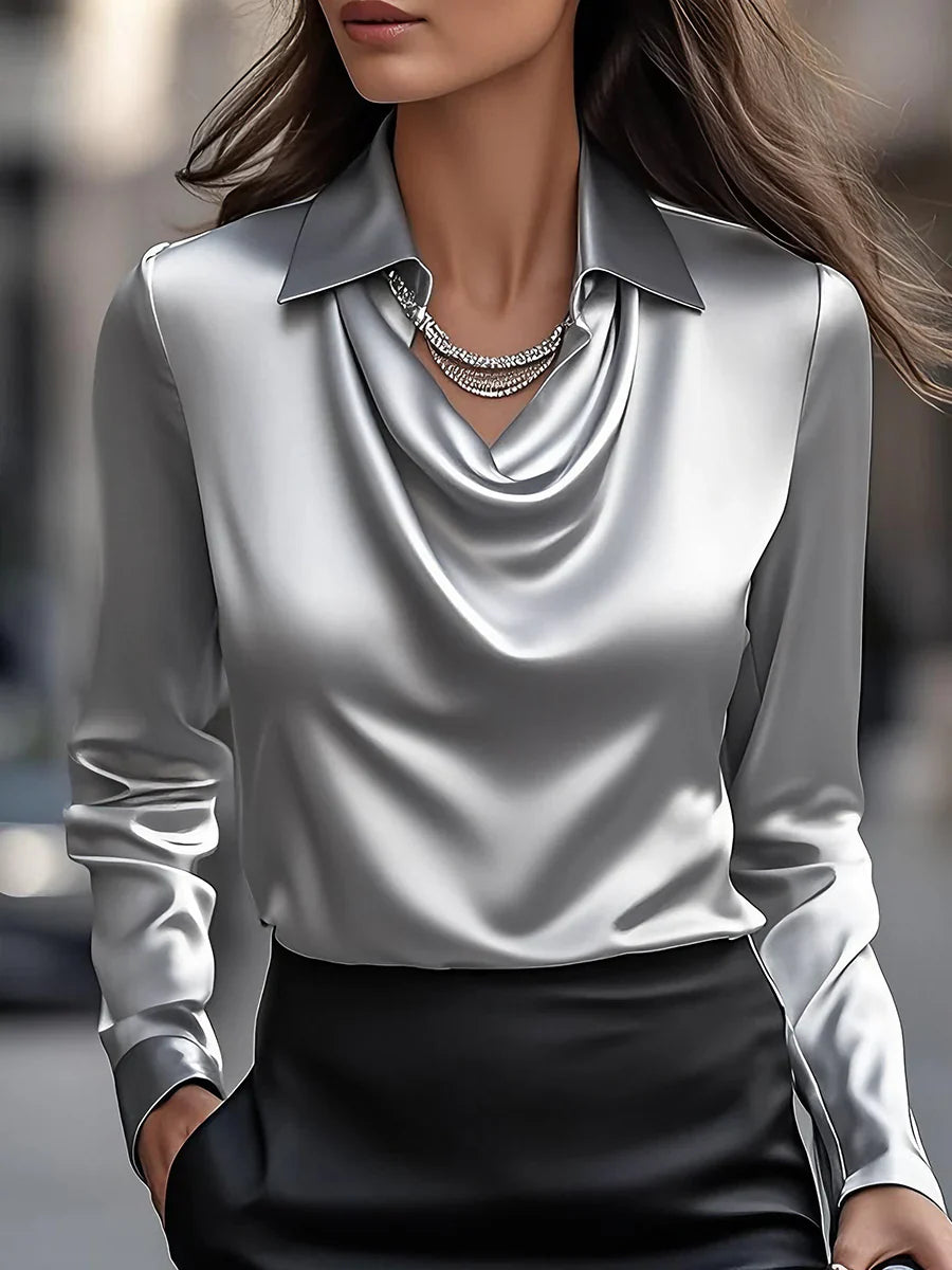 Nuvana™ | Elegant White Satin Blouse With Draped Neckline