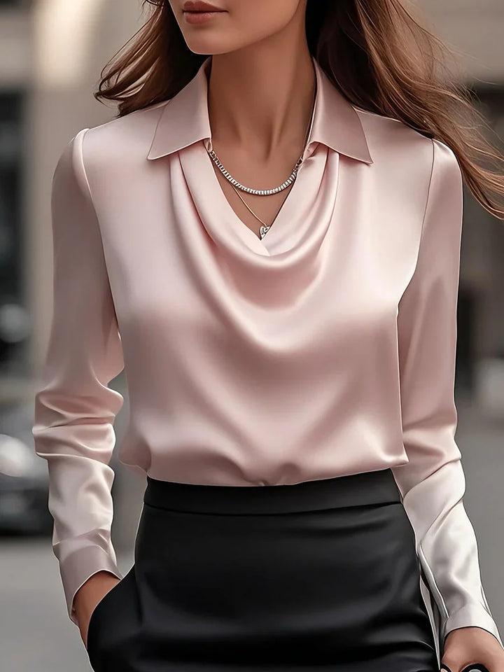 Nuvana™ | Elegant White Satin Blouse With Draped Neckline
